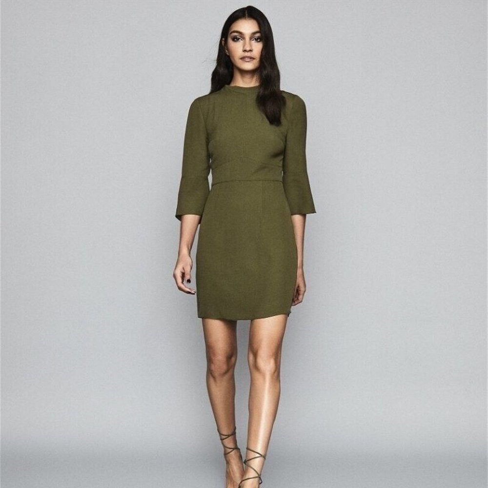 Reiss Cora Bell Sleeve Shift Dress Khaki Olive Green Structured Size 2